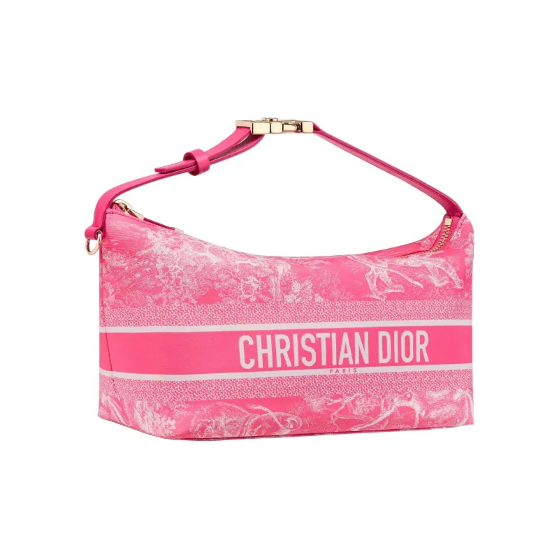 DIOR DiorTravel Embroidery Lunch Box Bag Clutch Handbag Medium Size Women's Neon Pink-1