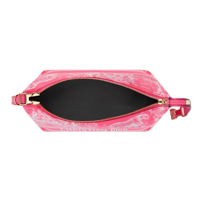DIOR DiorTravel Embroidery Lunch Box Bag Clutch Handbag Medium Size Women's Neon Pink-3