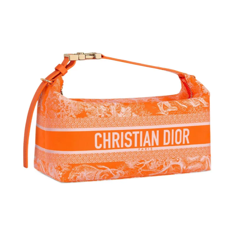 DIOR Embroidery Lunch Box Bag Handheld Handbag Medium Size Women's Fluorescent Orange-1