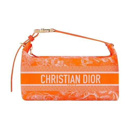 DIOR Embroidery Lunch Box Bag Handheld Handbag Medium Size Women's Fluorescent Orange