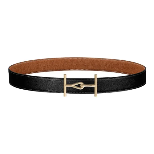 HERMES Elegant Gold Buckle Togo Calfskin Double Sided Leather Belt Men's Width 3.2CM
