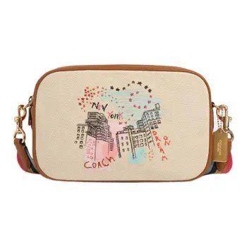 COACH Jes Fabric With Cow Leather Camera Bag Shoulder Bag Crossbody Bag Medium Size Women's Beige & Brown