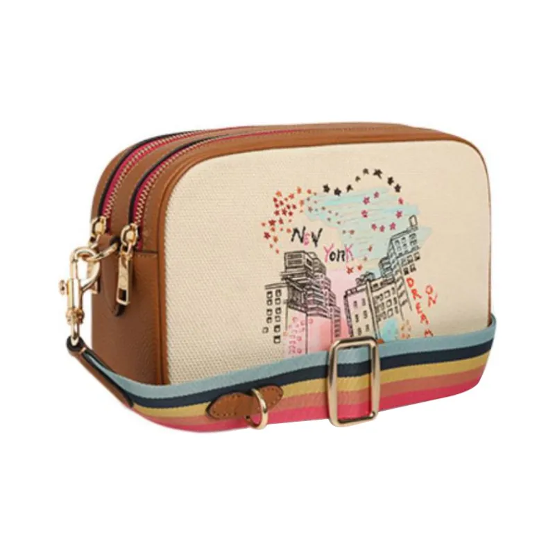 COACH Jes Fabric With Cow Leather Camera Bag Shoulder Bag Crossbody Bag Medium Size Women's Beige & Brown-1