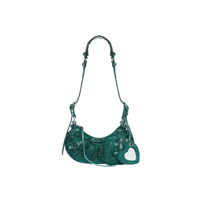 Balenciaga Le Cagole Shoulder Bag Xs Green Suede With Rhinestones-1