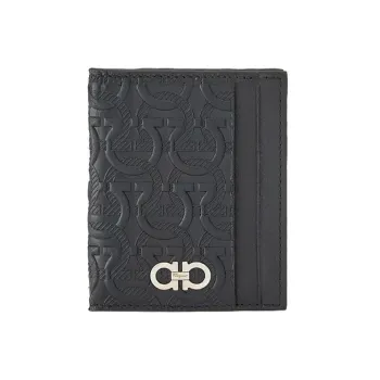 FERRAGAMO Travel Embossed Embossed Cow Leather Card Clip Card Holder Men's Black