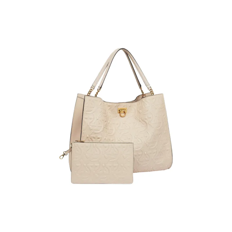 FERRAGAMO Trifolio Soft Calfskin Combo Bag Tote Bag Shopping Bag Handbag Shoulder Bag Women's Ecru-4