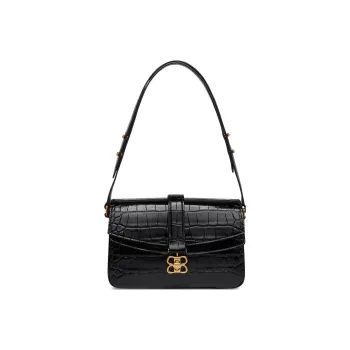 Balenciaga Flap Shoulder Bag Small Crocodile Embossed Black