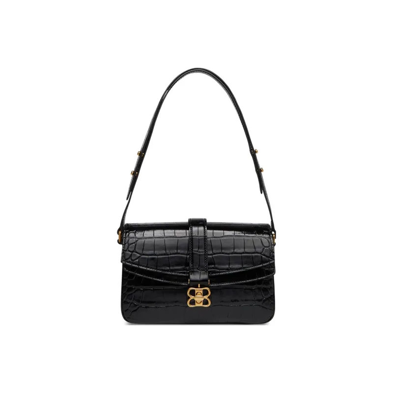 Balenciaga Flap Shoulder Bag Small Crocodile Embossed Black-0