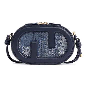 FION Cow Leather, Textile Floral Window Round Bag, Shoulder Bag Small Size Women's Dark Blue