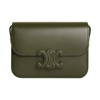 CELINE Cuir Triomphe Shiny Cow Leather Handbag, Crossbody Bag, Shoulder Bag Medium Size Women's Olive Green