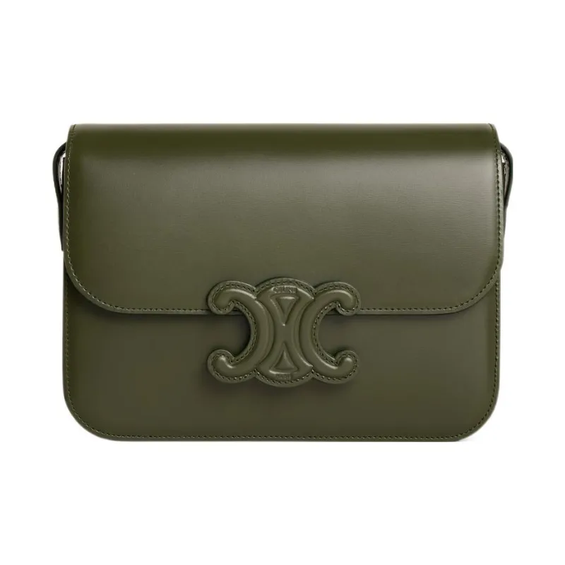 CELINE Cuir Triomphe Shiny Cow Leather Handbag, Crossbody Bag, Shoulder Bag Medium Size Women's Olive Green-0