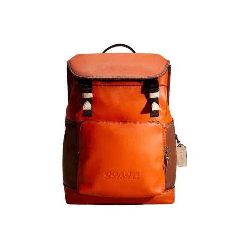 COACH League Refined Calfskin Backpack Tubas Men's Orange & Brown
