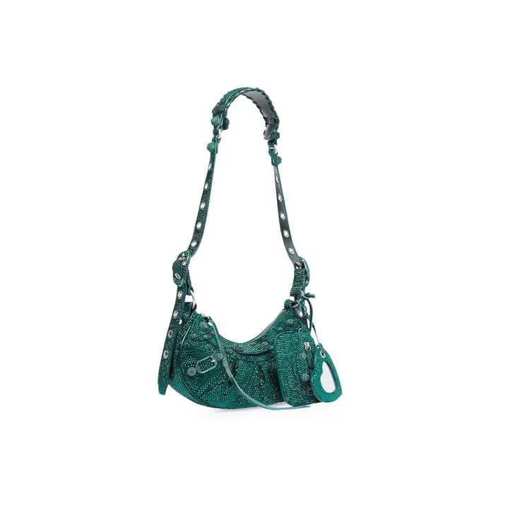 Balenciaga Le Cagole Shoulder Bag Xs Green Suede With Rhinestones-2