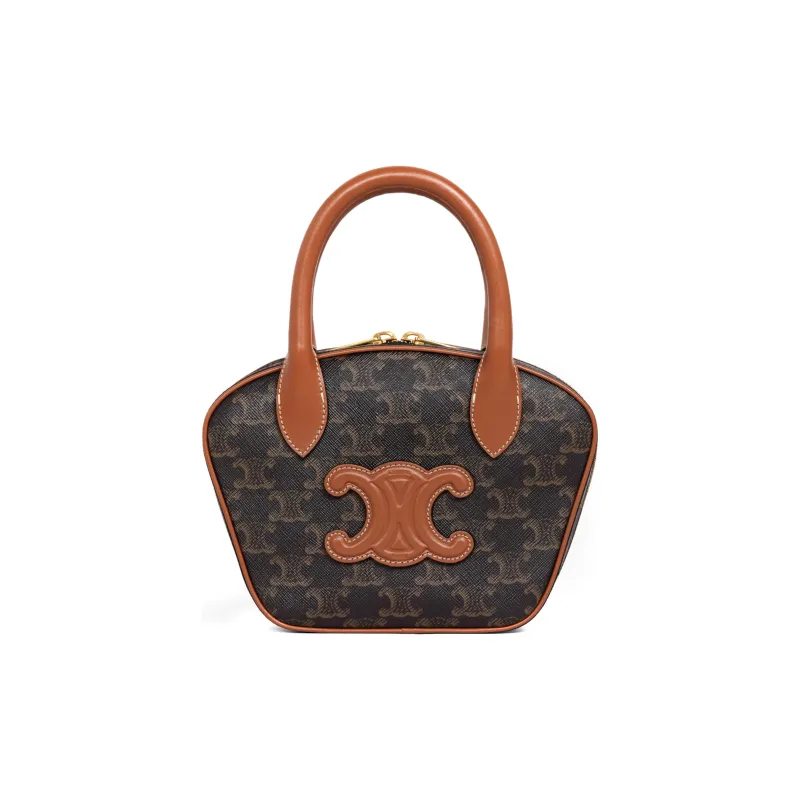 CELINE Cow Leather Bowling Bag Shoulder Bag Crossbody Bag Handbag Mini Women's Tawny-0