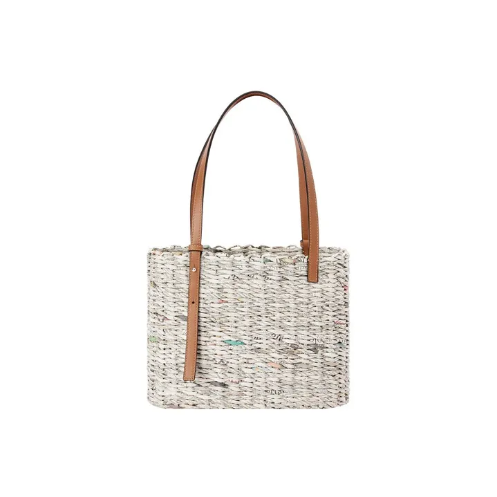 LOEWE Basket Woven Paper Cow Leather Patchwork Tote Bag Shopping Bag Shoulder Bag Handbag Small Size Women's Brown-2