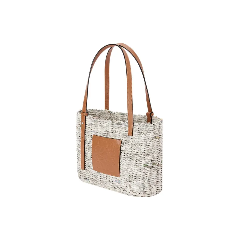 LOEWE Basket Woven Paper Cow Leather Patchwork Tote Bag Shopping Bag Shoulder Bag Handbag Small Size Women's Brown-1