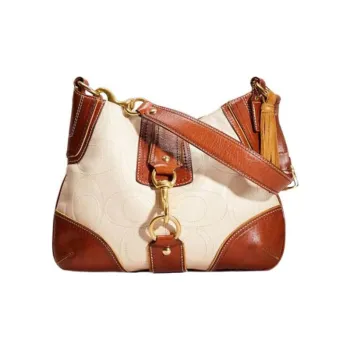 COACH Hamptons Leather Hobo Bag Handbag Shoulder Bag Women's Ecru & Brown