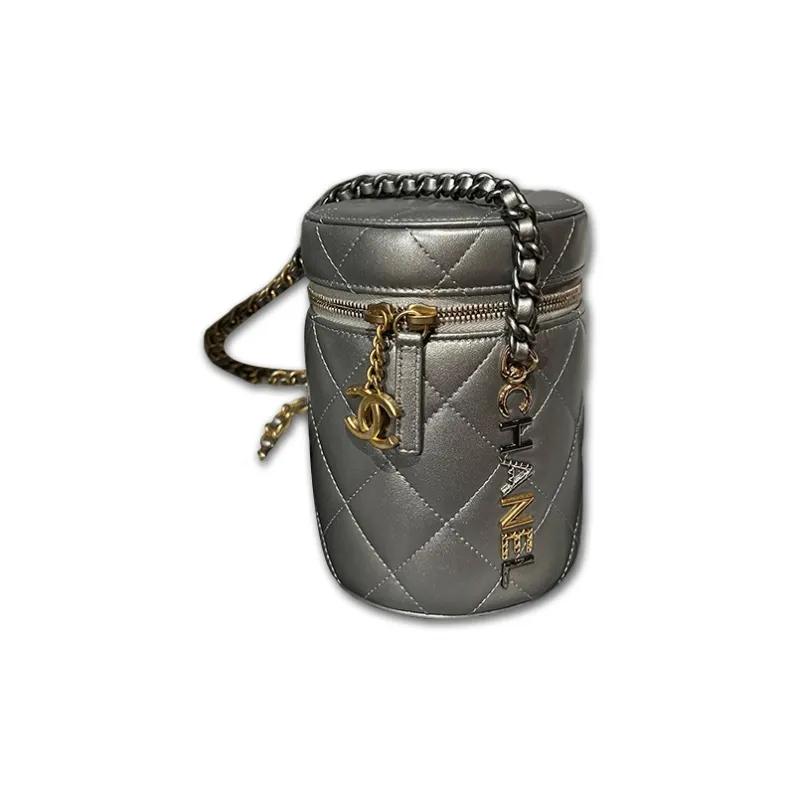 CHANEL Lambskin Cylinder Bag, Makeup Bag, Shoulder Bag, Crossbody Bag, Handbag Women's Gray-0