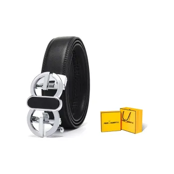FREE RABBITⅡ Dazzling Color Smooth Buckle Print Cow Leather Belt Men's Black Width: 3.5cm
