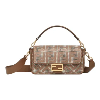 FENDI Baguette Fabric Cow Leather Patchwork Baguette Bag Portable Crossbody Bag Shoulder Bag Medium Size Women's Brown