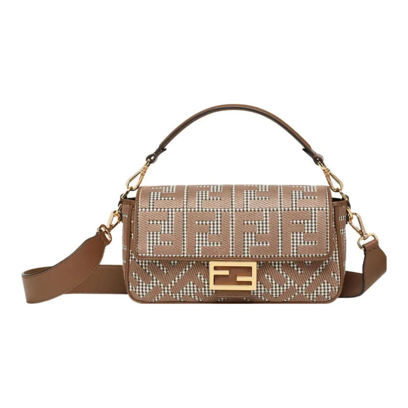 FENDI Baguette Fabric Cow Leather Patchwork Baguette Bag Portable Crossbody Bag Shoulder Bag Medium Size Women's Brown-0