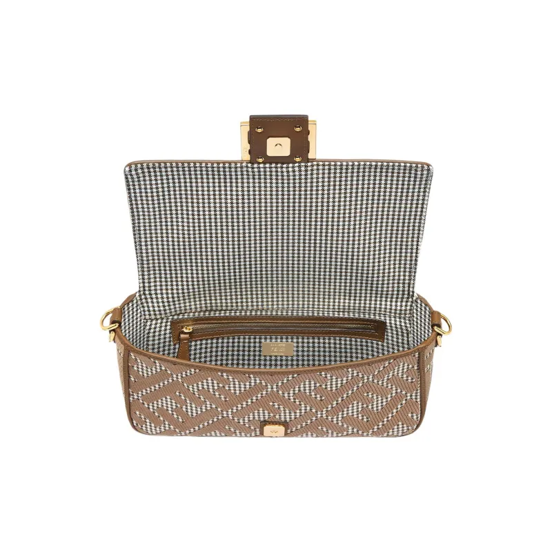 FENDI Baguette Fabric Cow Leather Patchwork Baguette Bag Portable Crossbody Bag Shoulder Bag Medium Size Women's Brown-3