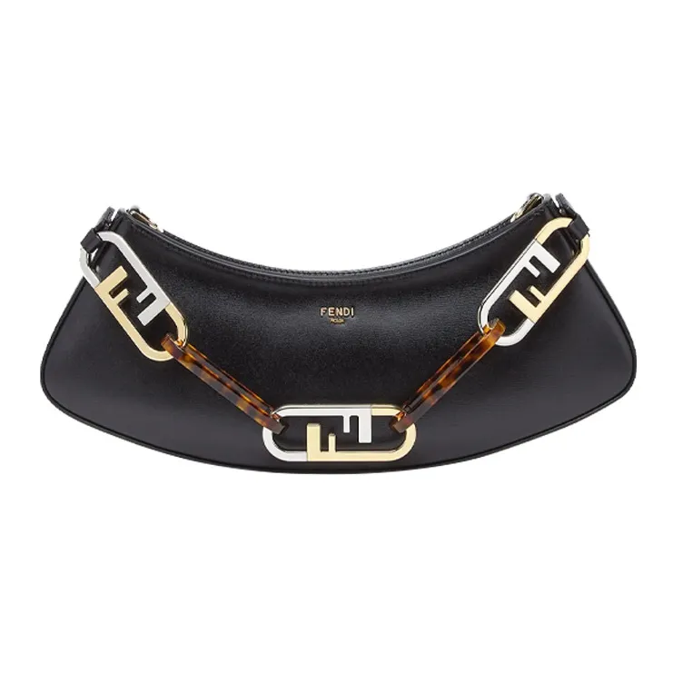 FENDI O'Lock Swing Cow Leather Shoulder Bag, Handbag, Shoulder Bag Women's Black-0