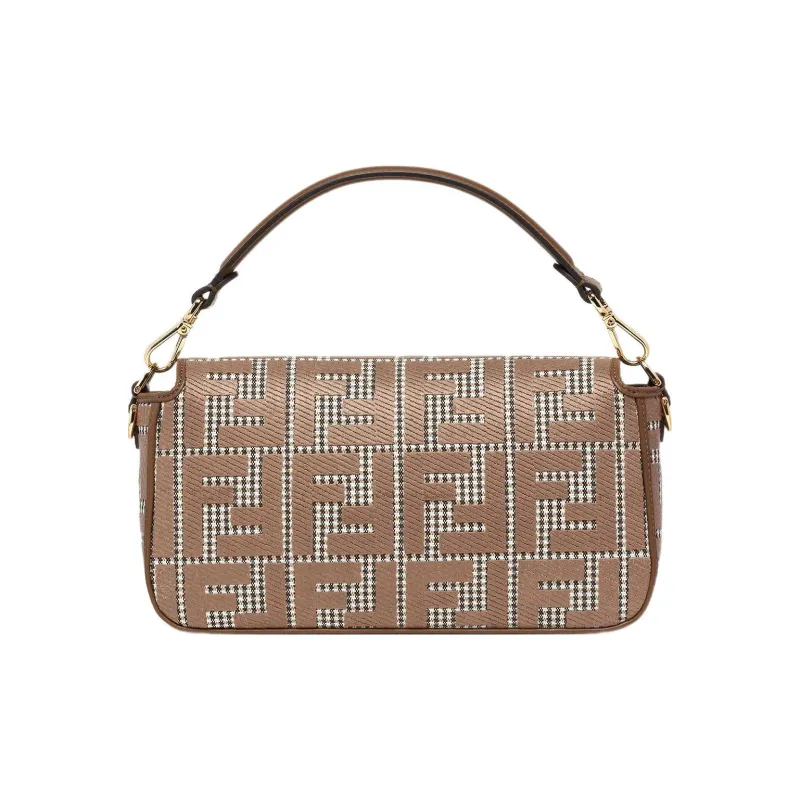 FENDI Baguette Fabric Cow Leather Patchwork Baguette Bag Portable Crossbody Bag Shoulder Bag Medium Size Women's Brown-2