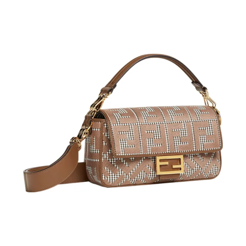 FENDI Baguette Fabric Cow Leather Patchwork Baguette Bag Portable Crossbody Bag Shoulder Bag Medium Size Women's Brown-1
