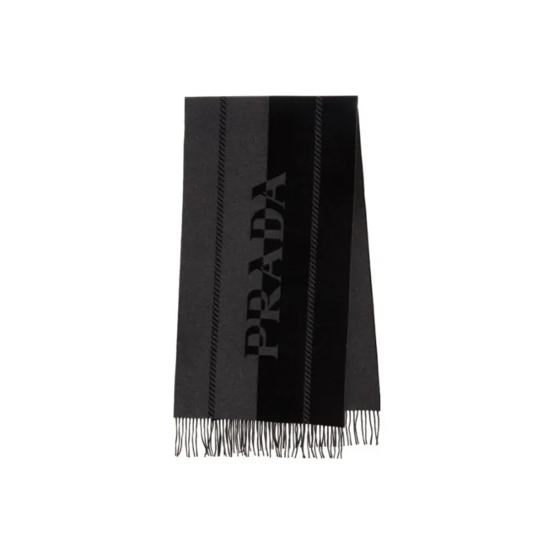 PRADA Logo Detailed Fringed Knitted Scarf-1