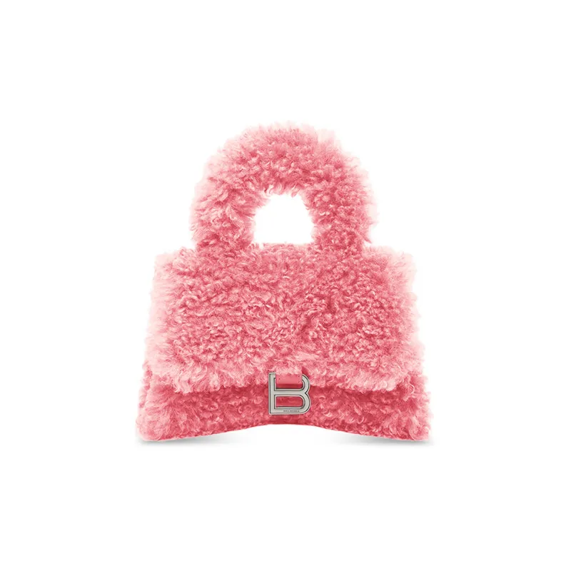 Balenciaga HourglassFurry Sheepskin Crossbody One Shoulder Handbags Mini Women's Pink-0