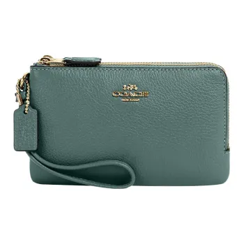 COACH Corner Zip Refined Pebble Leather Wrist Bag Clutch Small Size Women's Ink Wash Green