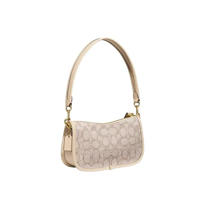 COACH Swinger Iconic Jacquard With Tanned Leather Pochette, Shoulder Bag, Handbag Trumpets Women's Ivory White-1