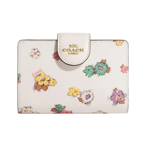 COACH Corner Zip Canvas Patchwork Smooth Leather Coin Purse Card Holder Wallet Medium Size Women's White