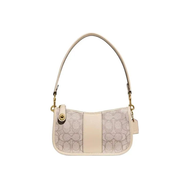 COACH Swinger Iconic Jacquard With Tanned Leather Pochette, Shoulder Bag, Handbag Trumpets Women's Ivory White-0