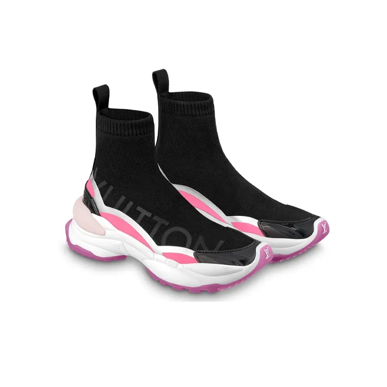 LOUIS VUITTON Run 55 Cushioning, Wear Resistant High Top Casual Shoes Women's Black Pink-2