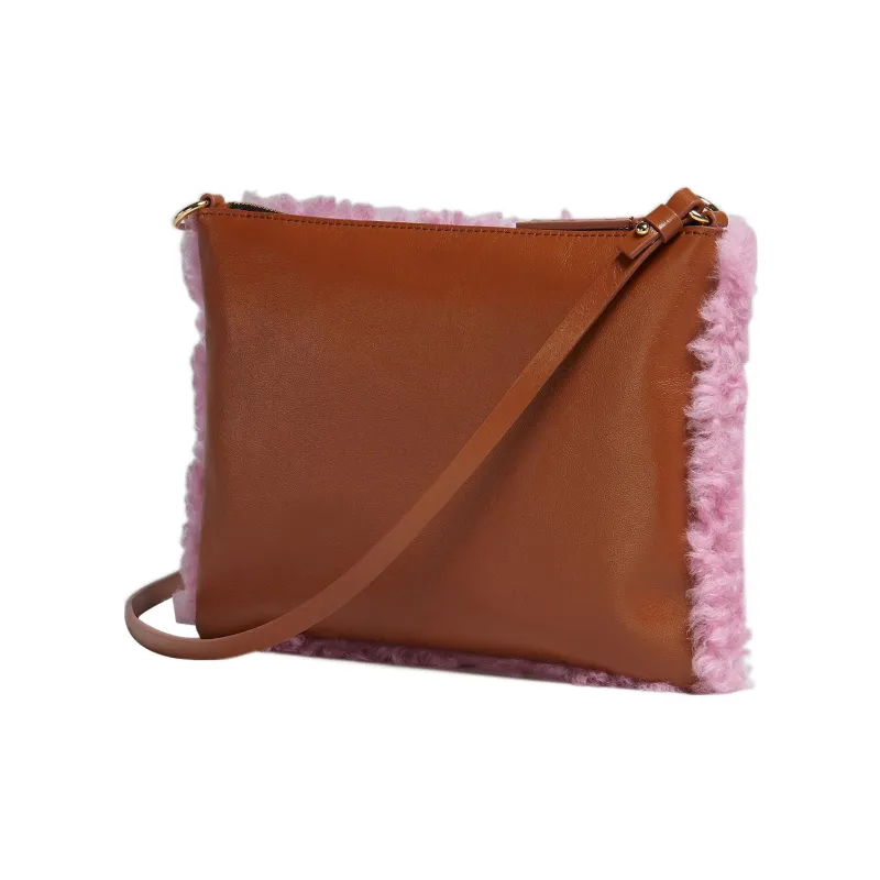 MARNI Shearling Combined With Calfskin Portable One Shoulder Crossbody Clutches Women's Pink-2