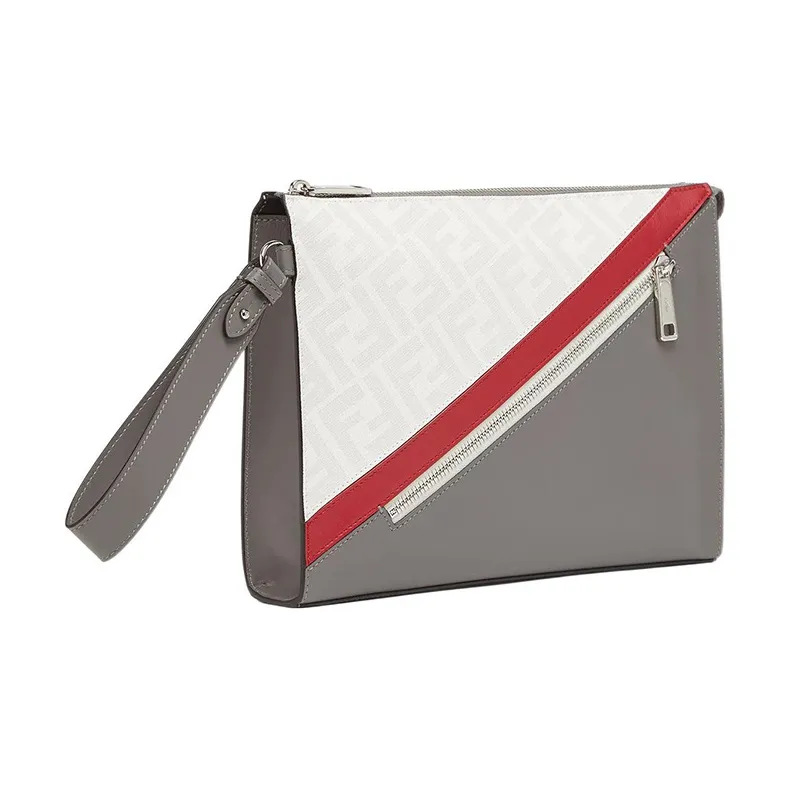 FENDI Cow Leather Clutch Men's Gray & White & Red-1