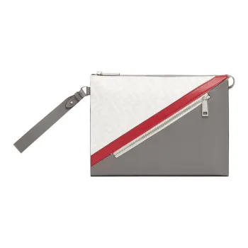 FENDI Cow Leather Clutch Men's Gray & White & Red