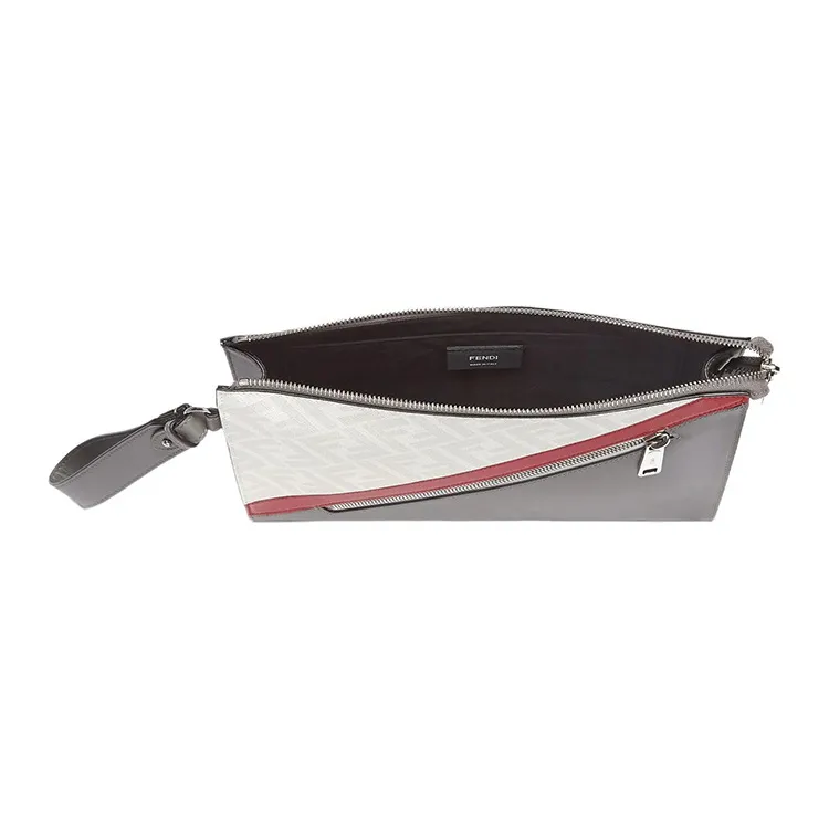 FENDI Cow Leather Clutch Men's Gray & White & Red-3