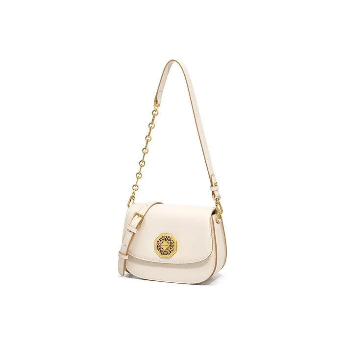 Gong Xuan Cow Leather Shoulder Bag, Saddle Bag, Crossbody Bag Regular Women's White/Sand Dune-10