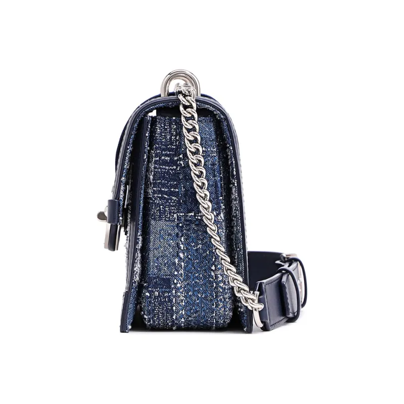 FION Cow Leather, Leather Fabric Small Square Bag, Box Bag, Shoulder Bag, Crossbody Bag Medium Size Women's Dark Blue-2