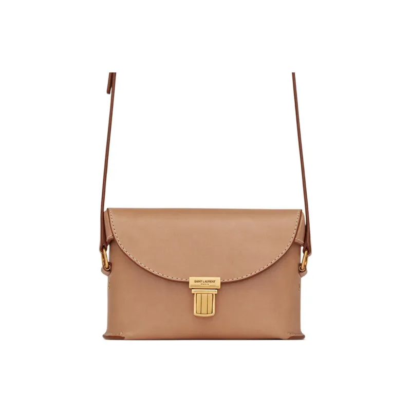 SAINT LAURENT Smooth Cow Leather Box Bag Shoulder Bag Crossbody Bag Small Size Men's Brown-0