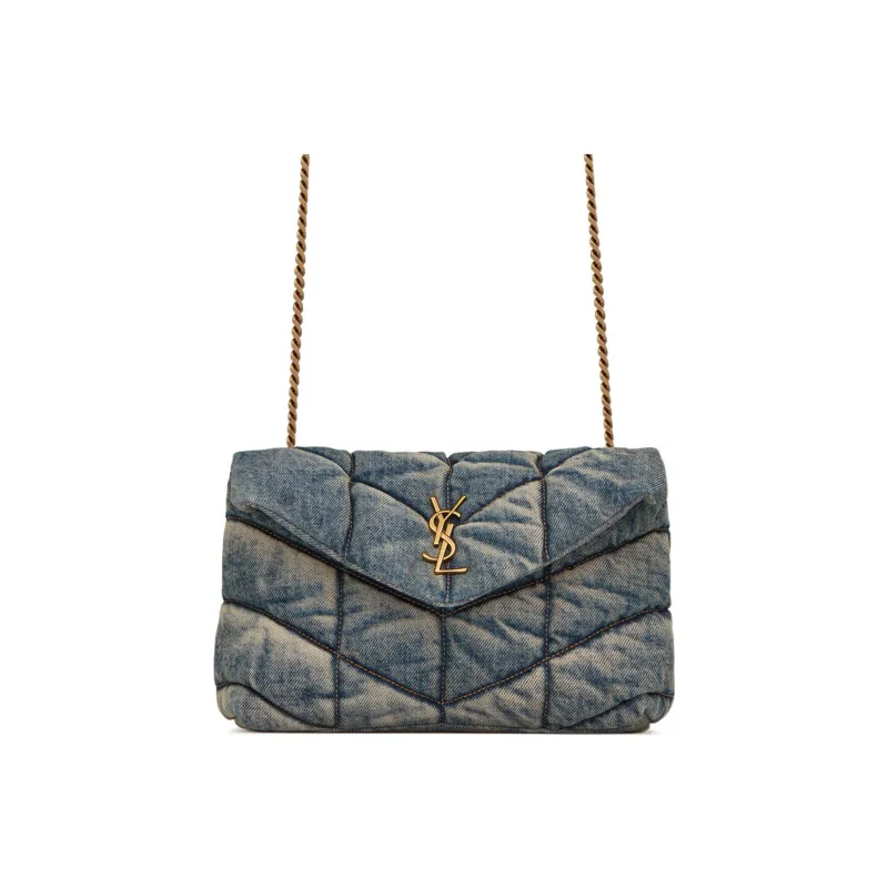 SAINT LAURENT PUFFER Denim Shoulder Bag, Crossbody Bag Mini Women's Blue-0