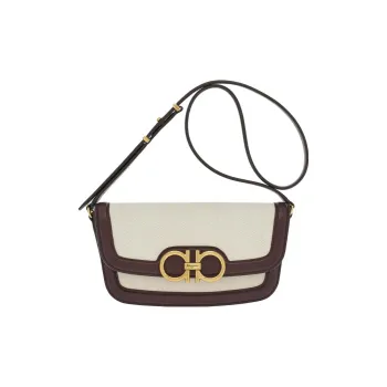 FERRAGAMO Cotton Linen Blend Canvas With Calfskin Canvas Bag, Shoulder Bag, Crossbody Bag Women's