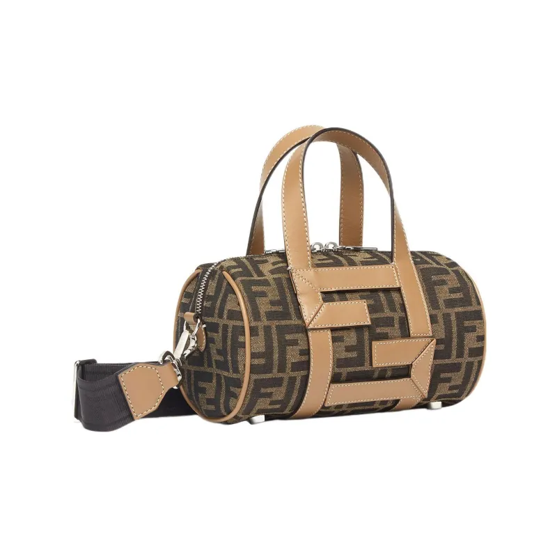FENDI Cow Leather Patchwork With Fabric Bowling Bag Cylinder Bag Shoulder Bag Crossbody Bag Handbag Mini Men's Brown-1