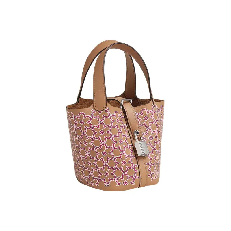 HERMES Picotin Lock Swift Calfskin Basket Bag, Bucket Bag, Handbag 14 Women's Tea Brown/Rose Pink/White-2