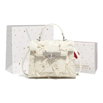 Miss Kung Embroidered Denim Chain Bag, Kelly Bag, Crossbody Handbag Medium Size Women's Ecru