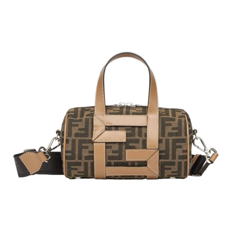 FENDI Cow Leather Patchwork With Fabric Bowling Bag Cylinder Bag Shoulder Bag Crossbody Bag Handbag Mini Men's Brown-0