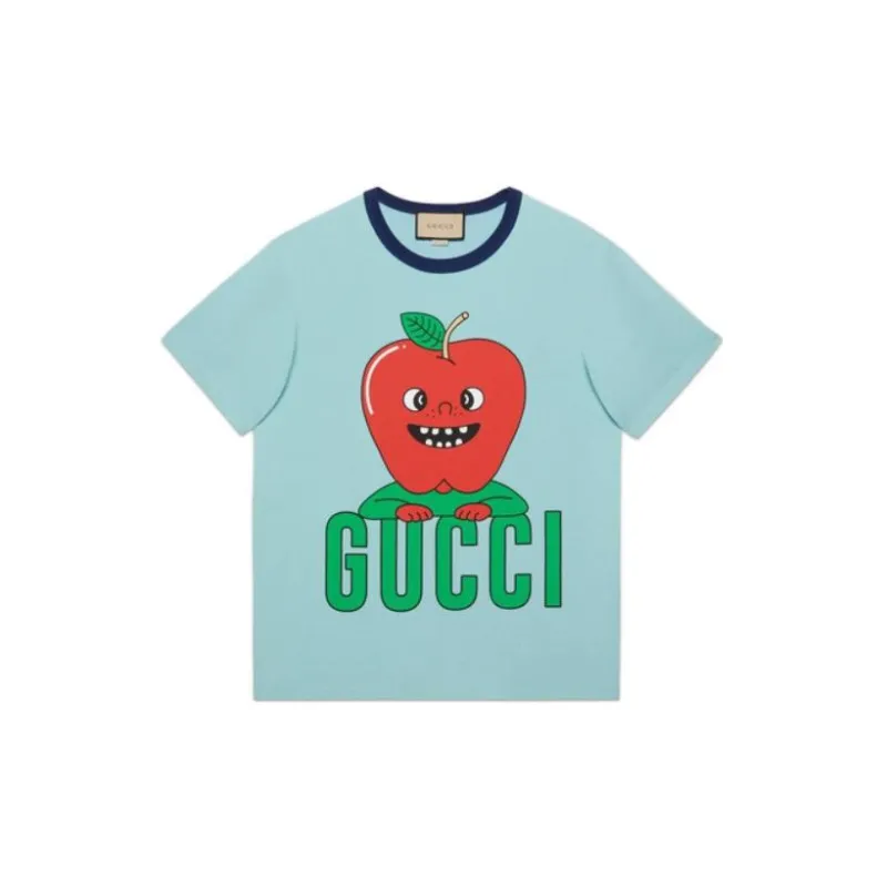 GUCCI Logo Print Crew Neck Short-Sleeved T-Shirt T-Shirt Unisex Light Blue-0